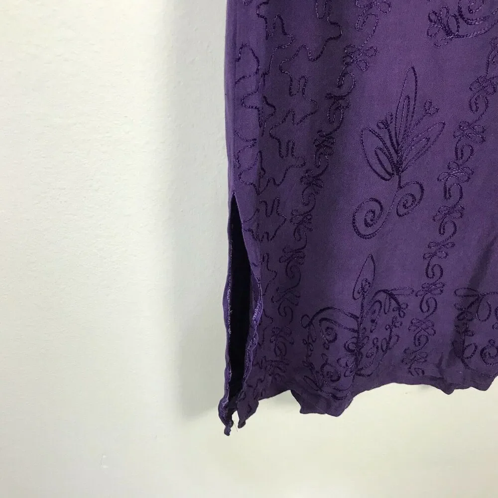 Vintage‎ 1990s Purple Rayon Dress Size M Sleeveless Side Vent Embroidered Midi